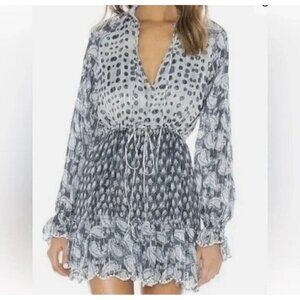 Hemant & Nandita Blue Mini Dress Metallic Thread Abstract Print Size S Lace Trim